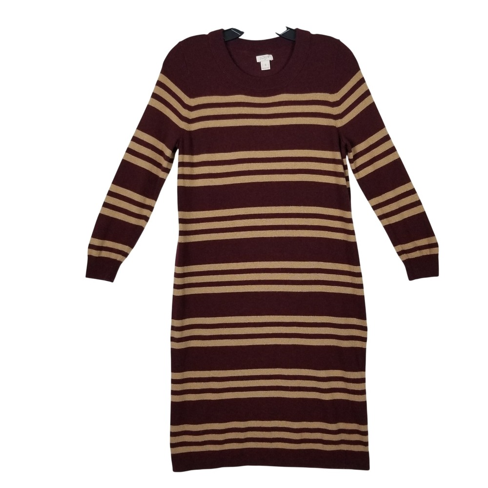 J.Crew‎ Sweater Dress Womens S Burgundy Striped Merino Wool Blend Long Sleeve